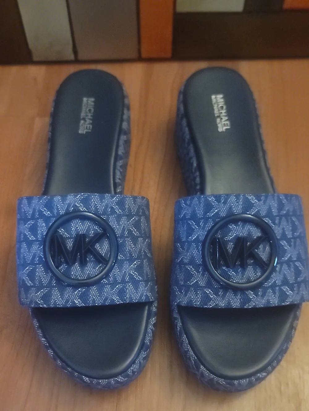 Michael Kors Denim Jacquard Sadler Wedge MK Logo Slide Sandals